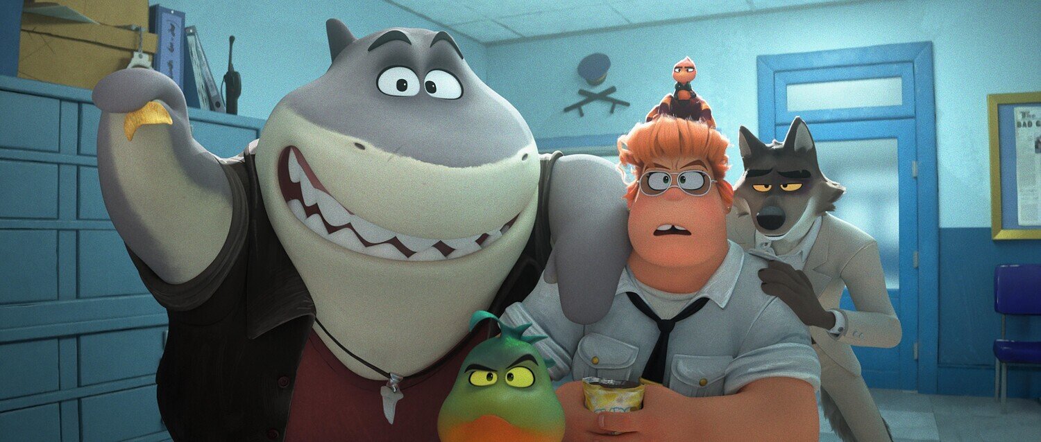 кадр из мультфильма "Плохие парни 2", IMDb 7.0, КП 7.4, в кадре: Сэм Рокуэлл - Wolf, озвучка, Аквафина - Tarantula, озвучка, Крэйг Робинсон - Shark, озвучка, Энтони Рамос - Piranha, озвучка, Алекс Борштейн - Commissioner Luggins, озвучка